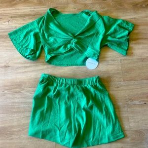 SHEIN VCAY Twist Front Butterfly Sleeve Crop Top & Shorts Size L NWT